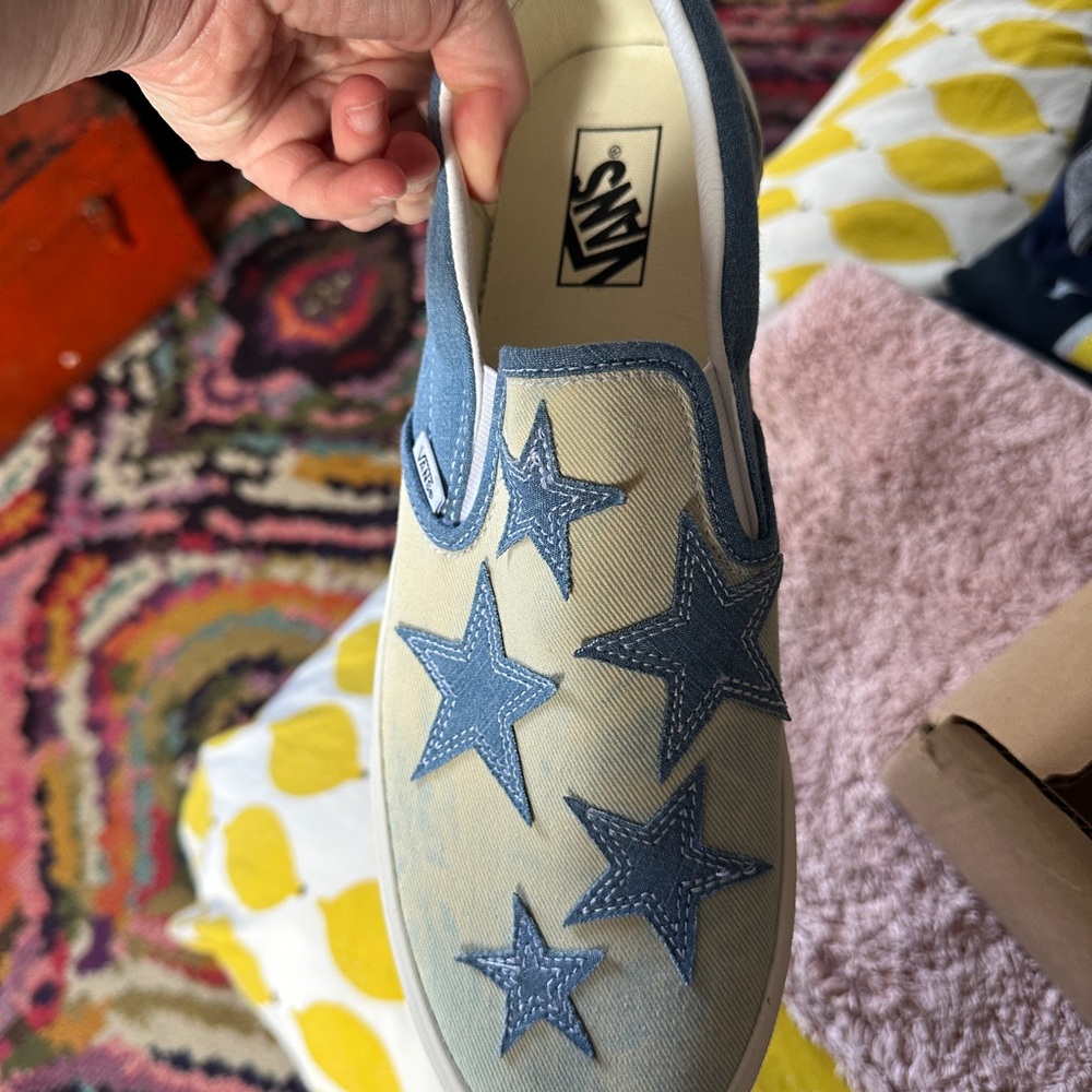 Vans Cream Slip-On with Light Blue Star Appliqués